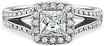 This image shows the setting with a .50ct princess cut center diamond. The setting can be ordered to accommodate any shape/size diamond listed in the setting details section below.