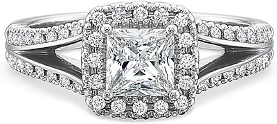 This image shows the setting with a .50ct princess cut center diamond. The setting can be ordered to accommodate any shape/size diamond listed in the setting details section below.