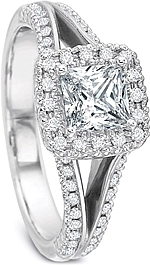 This image shows the setting with a .50ct princess cut center diamond. The setting can be ordered to accommodate any shape/size diamond listed in the setting details section below.
