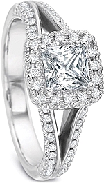 This image shows the setting with a .50ct princess cut center diamond. The setting can be ordered to accommodate any shape/size diamond listed in the setting details section below.
