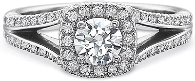 This image shows the setting with a .50ct round brilliant cut center diamond. The setting can be ordered to accommodate any shape/size diamond listed in the setting details section below.