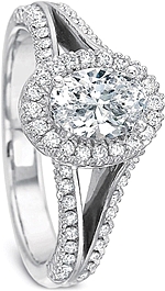 This image shows the setting with a .75ct oval cut center diamond. The setting can be ordered to accommodate any shape/size diamond listed in the setting details section below.