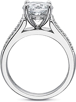 This image shows the setting with a 1.00ct round brilliant cut center diamond. The setting can be ordered to accommodate any shape/size diamond listed in the setting details section below.