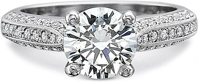 This image shows the setting with a 1.00ct round brilliant cut center diamond. The setting can be ordered to accommodate any shape/size diamond listed in the setting details section below.