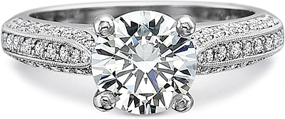 This image shows the setting with a 1.00ct round brilliant cut center diamond. The setting can be ordered to accommodate any shape/size diamond listed in the setting details section below. 