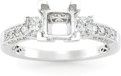 This image shows the setting with a basket made for a 1.25ct princess cut diamond.  The setting can be ordered to accomodate any shape/size diamond listed on the setting details section below.