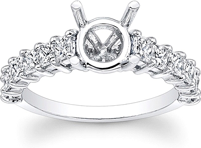 This image shows the setting made to hold a 1.00ct round brilliant cut center diamond. The setting can be ordered to accommodate any shape/size diamond listed in the setting details section below.
