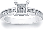 This image shows the setting with a basket made to hold a 1.00ct princess cut center diamond. The setting can be ordered to accommodate any shape/size diamond listed in the setting details section below.
