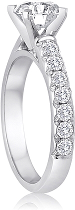 This image shows the setting with a 1.00ct round brilliant cut center diamond. The setting can be ordered to accommodate any shape/size diamond listed in the setting details section below.