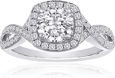 This image shows the setting with a 1.00ct round brilliant cut center diamond. The setting can be ordered to accommodate any shape/size diamond listed in the setting details section below.