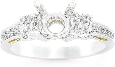 This image shows the setting with a basket made for 1.00ct round brilliant cut diamond. The setting can be ordered to accomodate any size/shape diamond listed on the setting details section below. 