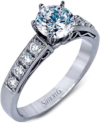 This image shows the setting with a 1.00ct round brilliant cut center diamond. The setting can be ordered to accommodate any shape/size diamond listed in the setting details section below.
