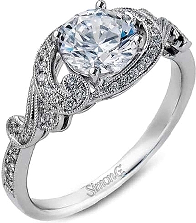 This image shows the setting with a 1.00ct round brilliant cut center diamond. The setting can be ordered to accommodate any shape/size diamond listed in the setting details section below.
