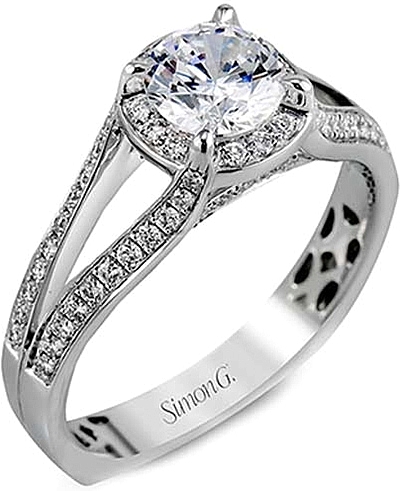This image shows the setting with a .80ct round brilliant cut diamond. The setting can be ordered to accommodate any shape/size diamond listed in the setting details section below.