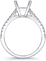 This image shows the setting with a basket made to hold a 1.00ct round brilliant cut center diamond. The setting can be ordered to accommodate any shape/size diamond listed in the setting details section below.