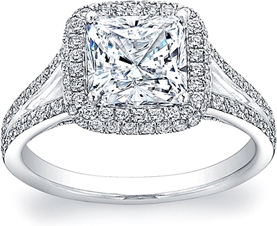 This image shows the setting with a 1.50ct cushion cut center diamond. The setting can be ordered to accomodate any shape/size diamond listed in the setting details section below. 