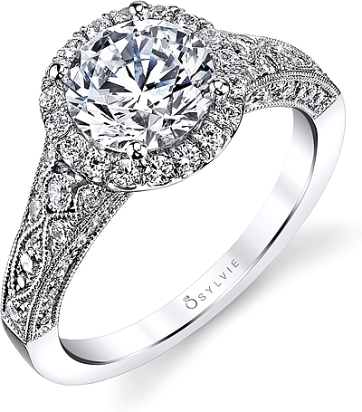This image shows the setting with a 1.50ct round brilliant cut center diamond. The setting can be ordered to accommodate any shape/size diamond listed in the setting details section below.