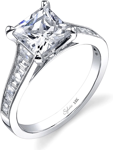 This image shows the setting with a 1.00ct princess cut center diamond. The setting can be ordered to accommodate any shape/size diamond listed in the setting details section below.