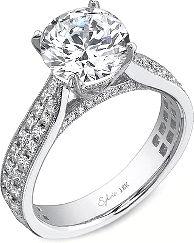 This image shows the setting with a 1.25ct round brilliant cut center diamond. The setting can be ordered to accommodate any shape/size diamond listed in the setting details section below.