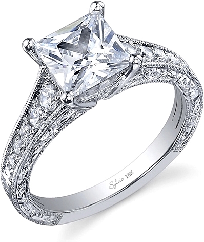 This image shows the setting with a 2.00ct princess cut center diamond. The setting can be ordered to accommodate any shape/size diamond listed in the setting details section below.