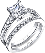 This image shows the setting with a 1.00ct princess cut center diamond. The setting can be ordered to accommodate any shape/size diamond listed in the setting details section below. Shown with the matching wedding band; Sold separately.