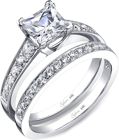 This image shows the setting with a 1.00ct princess cut center diamond. The setting can be ordered to accommodate any shape/size diamond listed in the setting details section below. Shown with the matching wedding band; Sold separately.