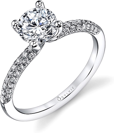 This image shows the setting with a 1.00ct round brilliant cut center diamond. The setting can be ordered to accommodate any shape/size diamond listed in the setting details section below.