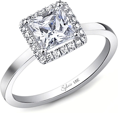 This image shows the setting with a .75ct princess cut center diamond. The setting can be ordered to accommodate any shape/size diamond listed in the setting details section below.