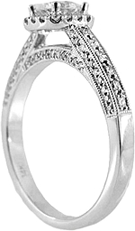 This image shows the setting with a 1.00ct round brilliant cut center diamond. The setting can be ordered to accommodate any shape/size diamond listed in the setting details section below.