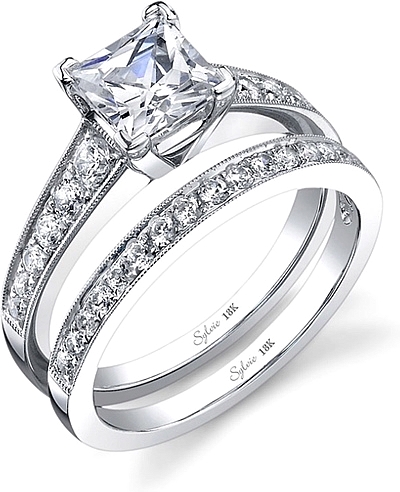 This image shows the setting with a 1.00ct princess cut center diamond. The setting can be ordered to accommodate any shape/size diamond listed in the setting details section below.