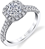 This image shows the setting with a 1.00ct round brilliant cut center diamond. The setting can be ordered to accommodate any shape/size diamond listed in the setting details section below.