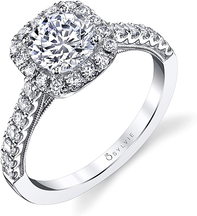 This image shows the setting with a 1.00ct round brilliant cut center diamond. The setting can be ordered to accommodate any shape/size diamond listed in the setting details section below.