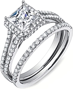 This image shows the setting with a 1.00ct princess cut center diamond. The setting can be ordered to accommodate any shape/size diamond listed in the setting details section below. Shown with the matching wedding band; Sold separately.