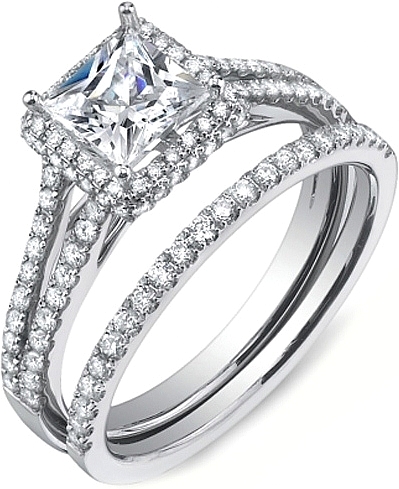 This image shows the setting with a 1.00ct princess cut center diamond. The setting can be ordered to accommodate any shape/size diamond listed in the setting details section below. Shown with the matching wedding band; Sold separately.