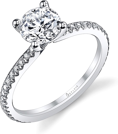 This image shows the setting with a 1.00ct round brilliant cut center diamond. The setting can be ordered to accommodate any shape/size diamond listed in the setting details section below.