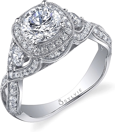 This image shows the setting with a 1.00ct round brilliant cut center diamond. The setting can be ordered to accommodate any shape/size diamond listed in the setting details section below.