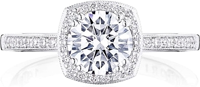 This image shows the setting with a 1.00ct round brilliant cut center diamond. The setting can be ordered to accommodate any shape/size diamond listed in the setting details section below.