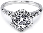 This image shows the setting with a 1.25ct round brilliant center diamond. The setting can be ordered to accommodate any shape/size diamond listed in the setting details section below.