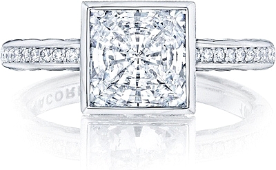 This image shows the setting with a 2.75ct princess cut center diamond. The setting can be ordered to accommodate any shape/size diamond listed in the setting details section below.
