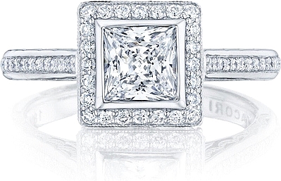 This image shows the setting with a .85ct princess cut center diamond. The setting can be ordered to accommodate any shape/size diamond listed in the setting details section below.