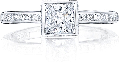 This image shows the setting with a .85ct princess cut center diamond. The setting can be ordered to accommodate any shape/size diamond listed in the setting details section below.