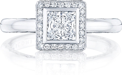 This image shows the setting with a .75ct princess cut center diamond. The setting can be ordered to accommodate any shape/size diamond listed in the setting details section below.