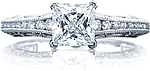 This image shows the ring with a .75ct princess cut center diamond but can be ordered to accommodate any shape or size diamond listed below.