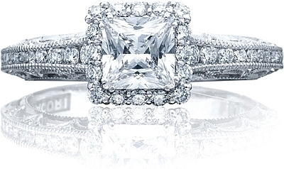 This image shows the ring with a .75ct princess cut center diamond but can be ordered to accommodate any shape or size diamond listed below.