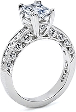 This image shows the setting with a 2.00ct emerald cut diamond. The setting can be ordered to accommodate any shape/size diamond listed in the setting details section below.