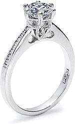 This image shows the setting with a 1.00ct round brilliant cut center diamond. The setting can be ordered to accomodate any shape/size diamond listed in the setting details section below.