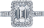 This image shows the setting with a 2.15ct emerald cut center diamond. The setting can be ordered to accommodate any shape/size diamond listed in the setting details section below.