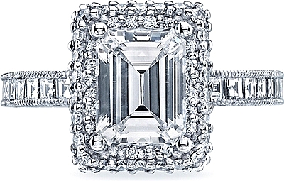 This image shows the setting with a 2.15ct emerald cut center diamond. The setting can be ordered to accommodate any shape/size diamond listed in the setting details section below.