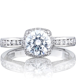 This image shows the setting with a 1.00ct round cut center diamond. The setting can be ordered to accommodate any shape/size diamond listed in the setting details section below.