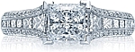 This image shows the setting with a 1.50ct princess cut center diamond. The setting can be ordered to accommodate any shape/size diamond listed in the setting details section below.